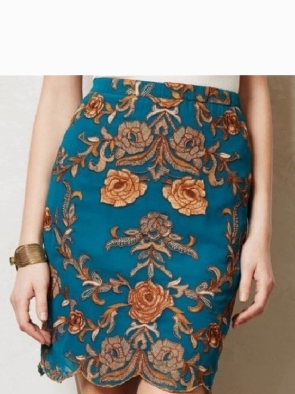 Anthropologie Yoana Barachi beautiful Teal Floral Embroidered Skirt. Size 8.